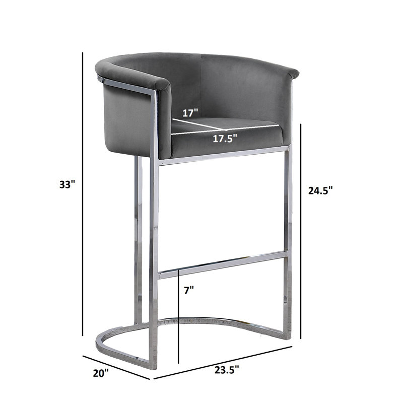 Tabouret de comptoir 24 po Maheer en velours et base chromée (chaise simple), Gris foncé, Chrome