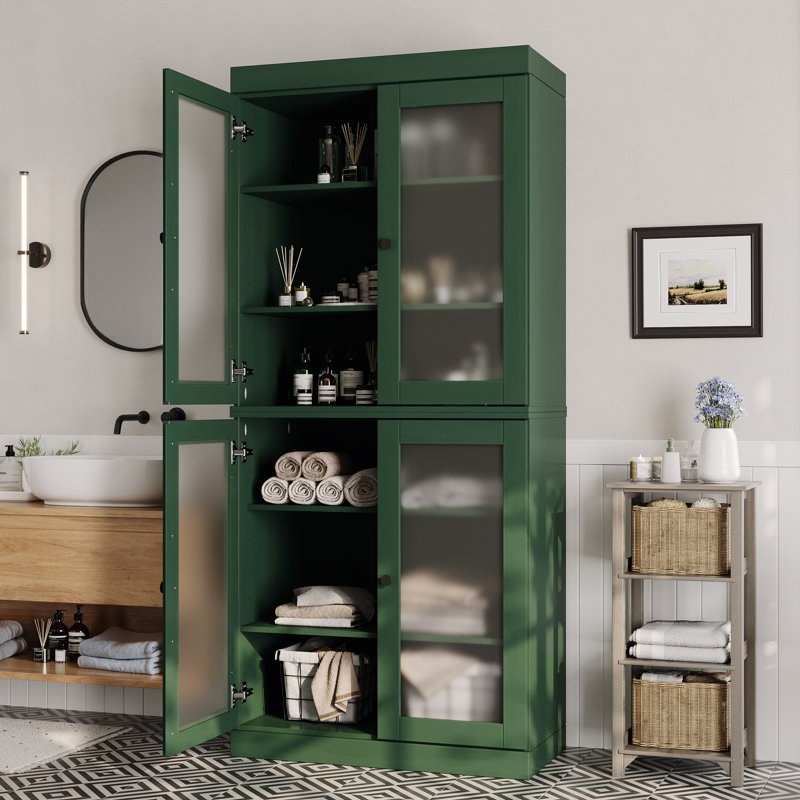 Armoire de salle de bain autoportante 100% bois massif 32 "avec portes en verre givré et tablettes réglables - Rangement de salle de bain moderne