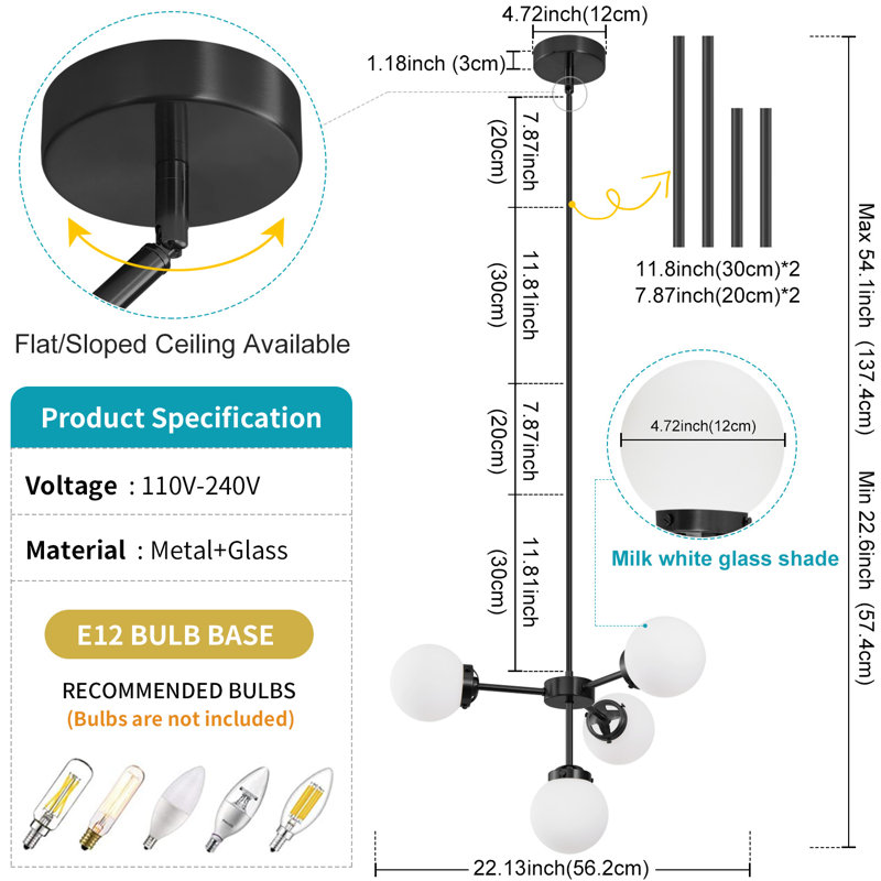 Lustre spoutnik 4 lumières Kalaila, Noir mat