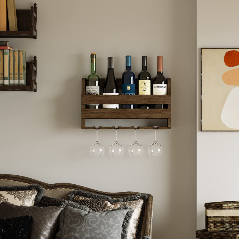 Hrahad 5 Bottle Solid Wood Wall Mounted Wine Bottle & Glass Rack in Brown