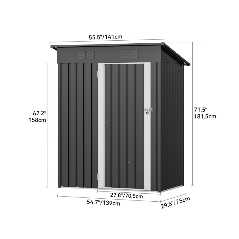 2.46' W X 1.82' D X 5.94'H Galvanized Steel Storage Shed, Gray