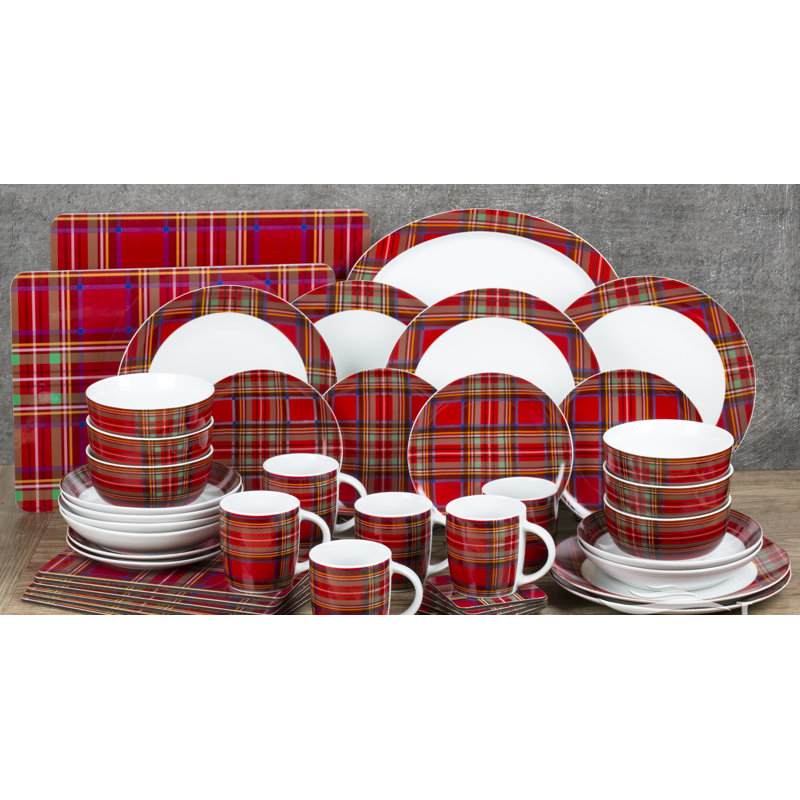 45pc Red Tartan Dinner Set