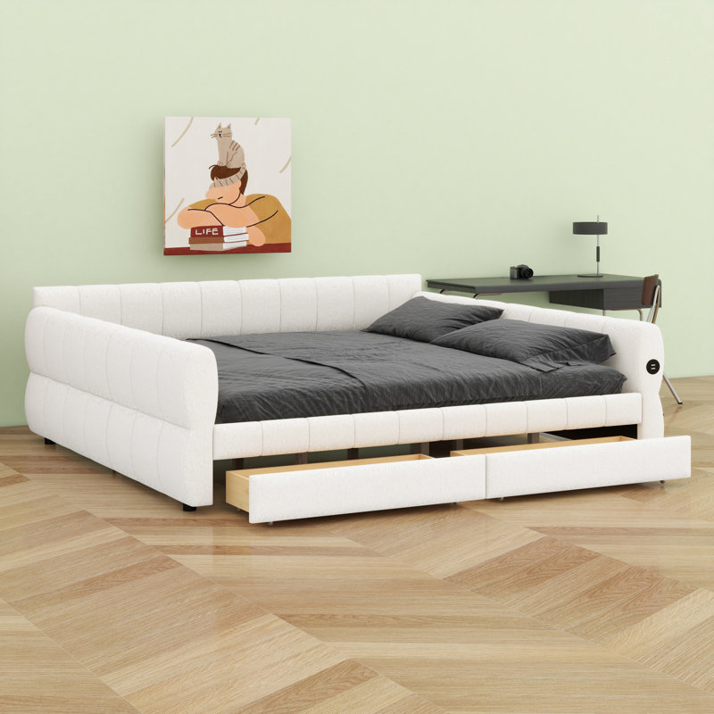 Contemporary Upholstered Platform Bed with USB Ports and 2 Drawers for Space-Saving Storage, White