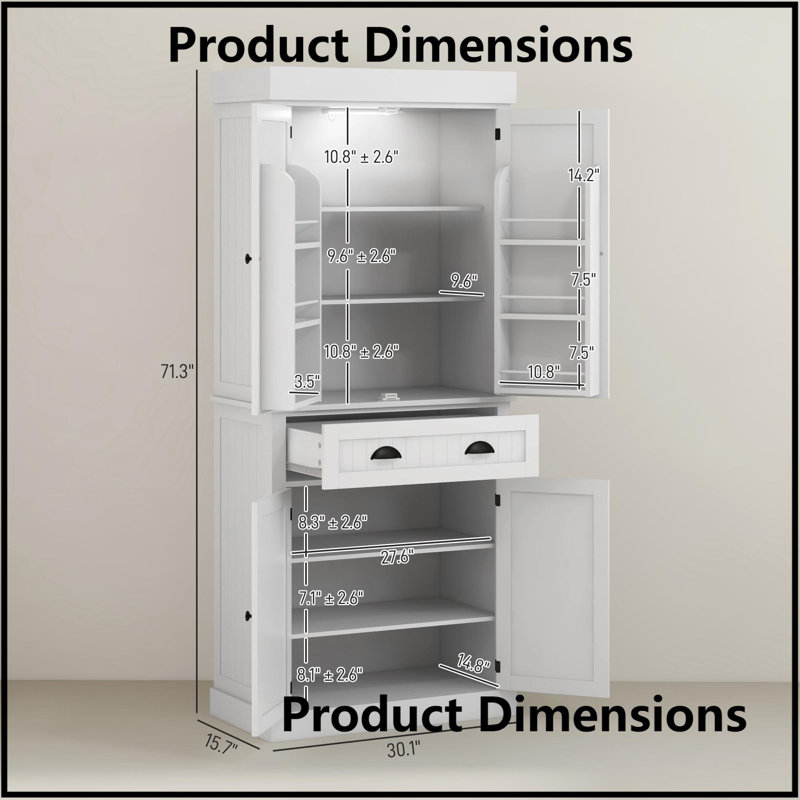 Garde-manger blanc 71 po avec capteur de mouvement à DEL 71 po, 6 tablettes de porte, tiroir et rangement réglable pour la cuisine, la salle à manger
