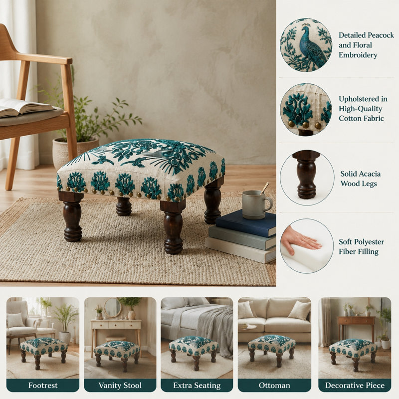 Tabouret rembourré brodé de style bohème, pouf décoratif pour salon et chambre, Bleu