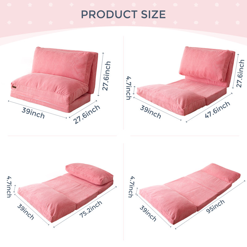 Canapé-lit Holly-Madison, Velours côtelé rose, H 4,7 po x l 39 po x P 95 po