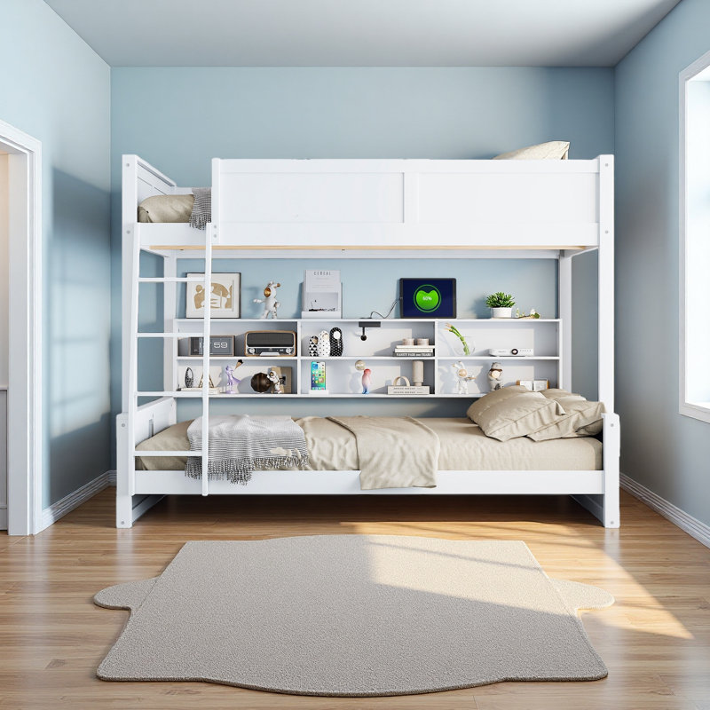 Lit superposé avec armoires de rangement et ports USB, Blanc antique, Double TG sur grand
