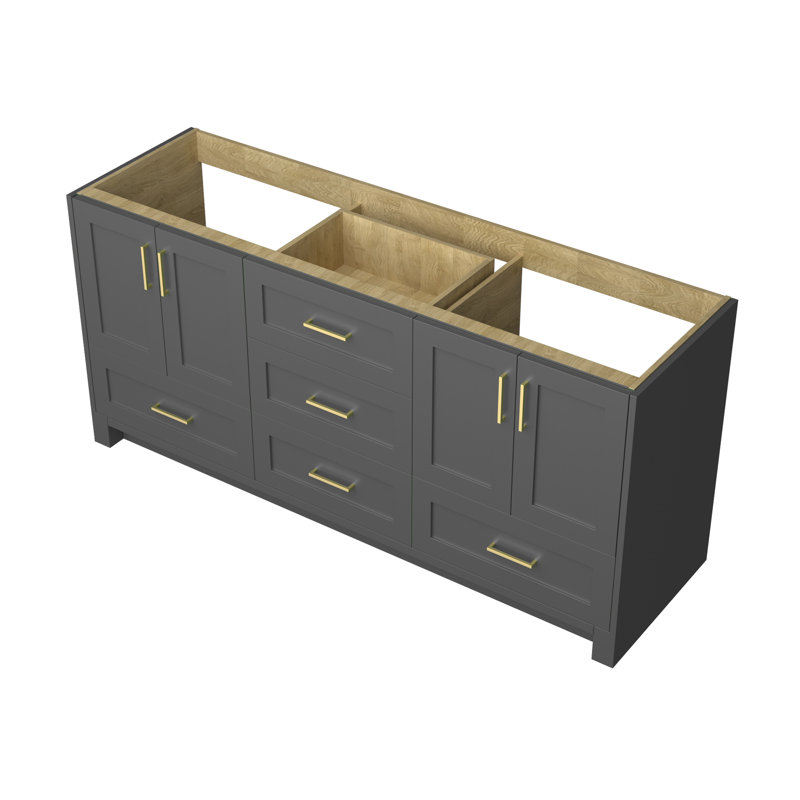 Meuble-lavabo double 72 po en bois massif, Gris foncé / or brossé
