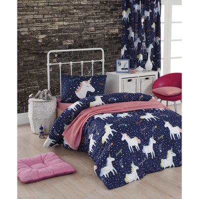 Ensemble de housse de couette simple TG, bleu foncé et blanc avec accents jaunes, housse de couette 61 x 79 et taie d'oreiller 31 x 31 | 65% coton / 35% polyester, lavable à la machine, 120 fils, fermeture à boutons et enveloppes