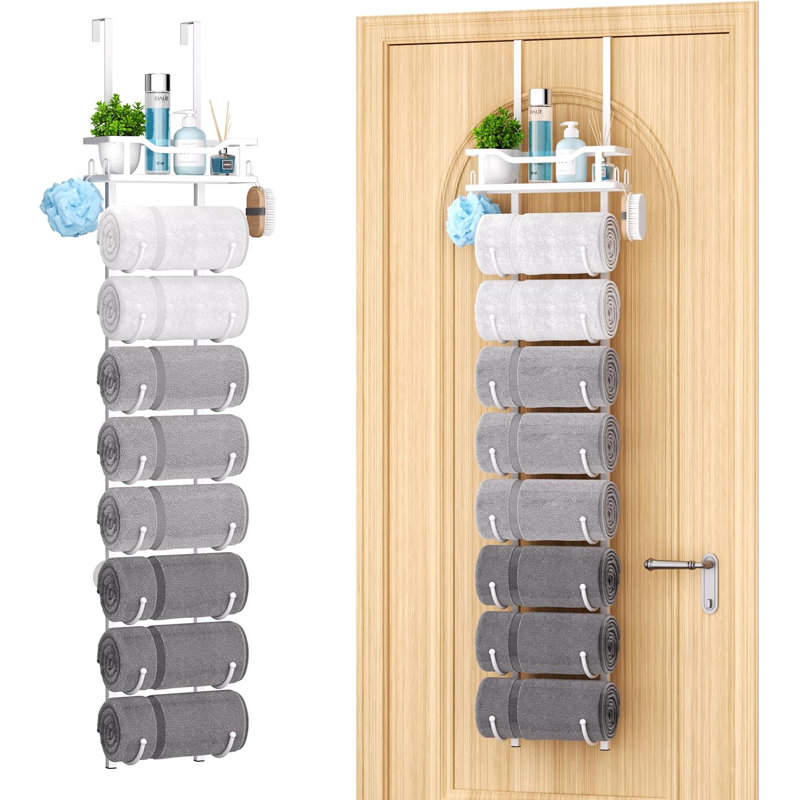 Porte-serviettes à 9 niveaux au-dessus de la porte avec tablette, porte-serviettes de salle de bain mural ou à accrocher peu encombrant et organisateur de rangement pour petits espaces