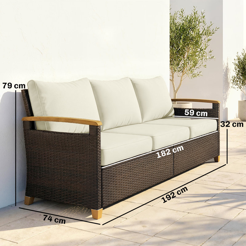 192cm Wide Straight Steel Patio Sofa, Cream Cushion/Brown Frame