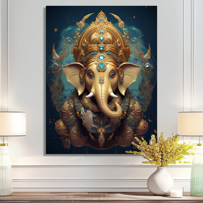 Portrait Of Ganesha On Teal - Hinduism Wall Art