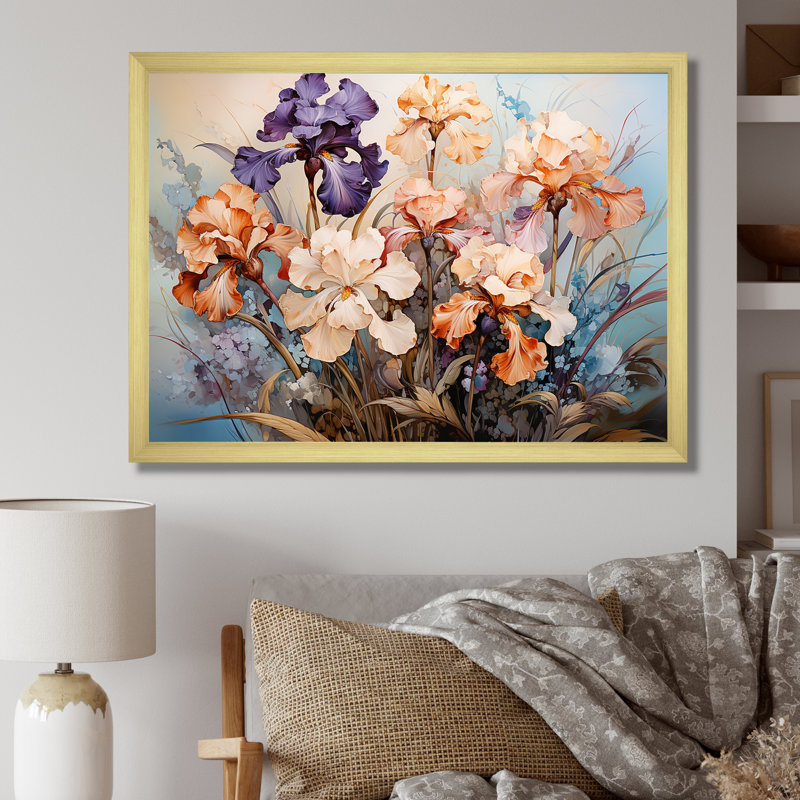 Mauve et pêche iris, charme intemporel sur toile, Cadre doré simple, H 16 po x l 32 po x P 1 po