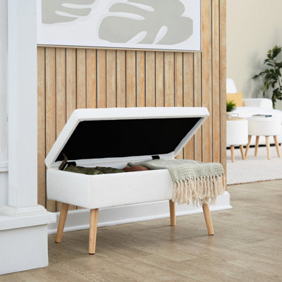 Banc élégant, bois naturel, tissu crème, couvercle rabattable, pieds en bois massif, largeur du produit, profondeur intérieure, longueur, hauteur, limite de poids de 500 lb, utilisation à l'intérieur et tissu 31 po 14,5 po 15,5 po 30 po, capacité,