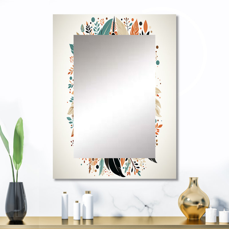 Rétro plumes de bohème en bleu et orange I - grand miroir en plumes, décor de miroir mural unique bleu, impression d'art en métal