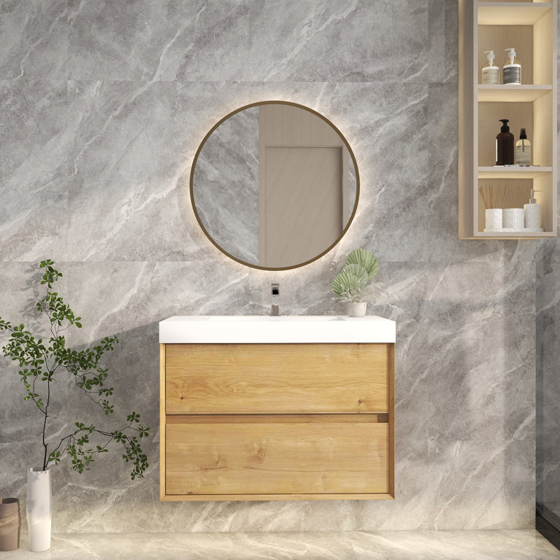 Ensemble de meuble-lavabo simple 35 po mural, Chêne