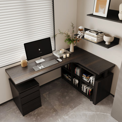 L-Shaped Italian-Style Minimalist Dual-Motor Electric Height-Adjustable Desk, Available in Smoked Oak or Dark Oak Finish, Equipped with a Movable Bookcase