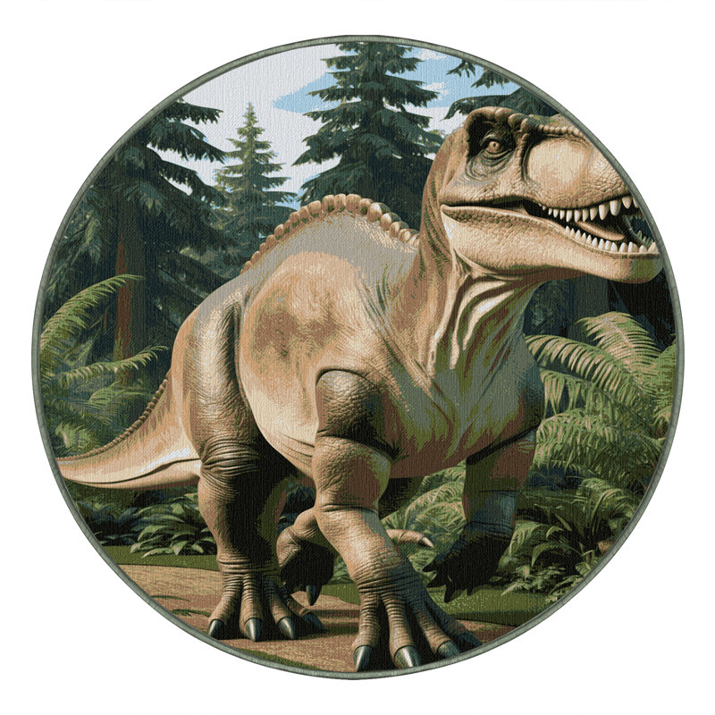 Tapis vert dinosaures lavable à la machine, Rond 5 pi