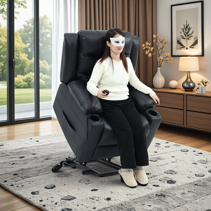 Black Genuine Leather Electric Recliner Chair With Lift Assist & Adjustable Recline Angles – Wired Remote, Dual Cup Holders (home Theater/gaming Sofa)