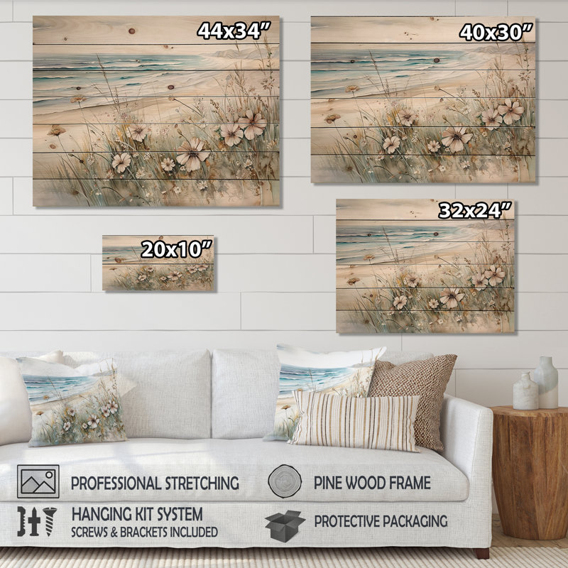 Fleurs sauvages sur la plage - Art mural en bois sur bois de pin naturel, H 24 po x l 32 po