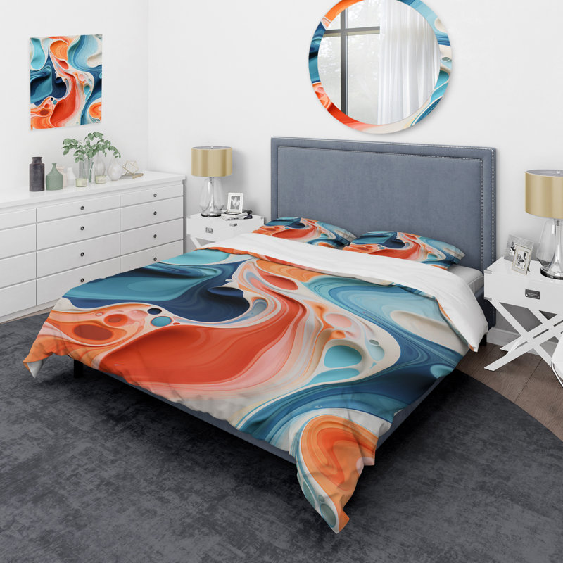 Ensemble de housse de couette à encre liquide bleue et orange, Housse de couette pour très grand lit