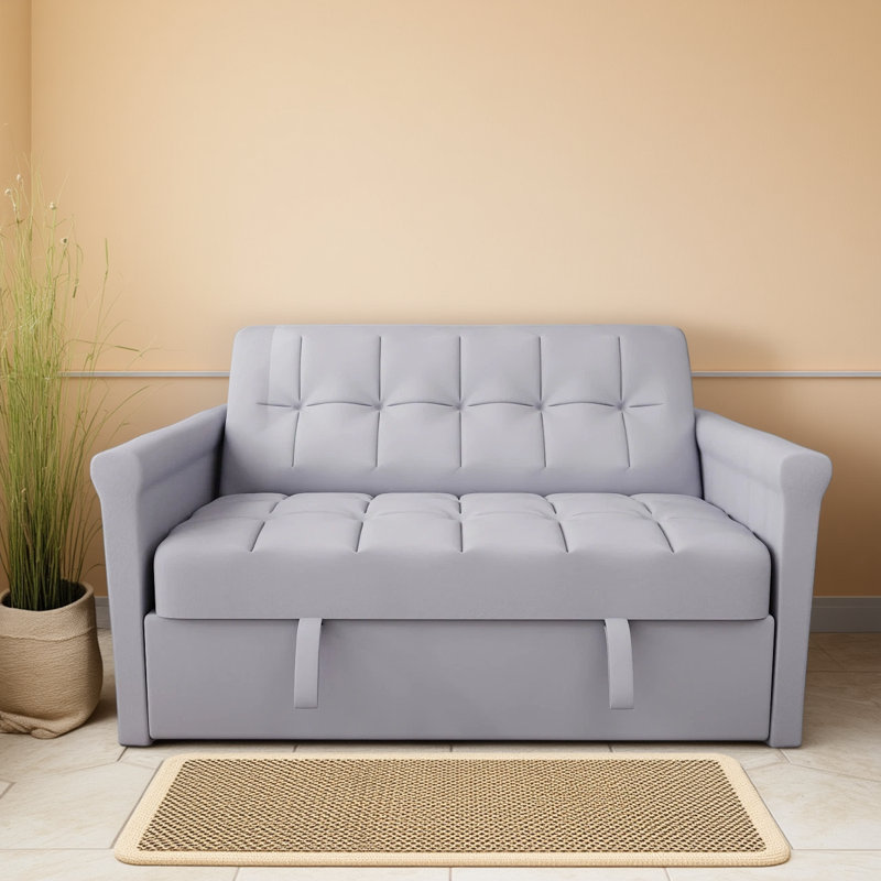 Double Grey Velvet Convertible Sofa Bed: Pull-out With Side Pockets, Compact Design For Small Spaces, Apartments, Guest Rooms