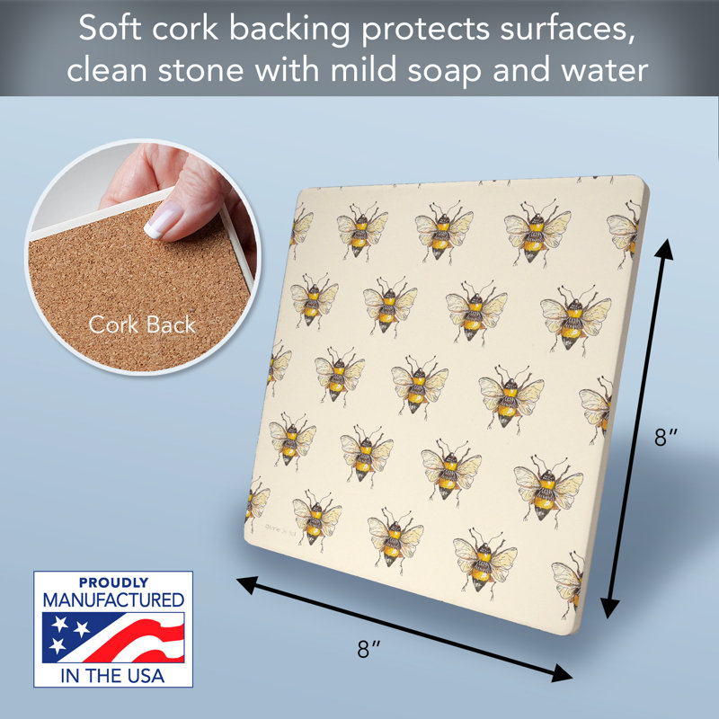 August Grove® Bee Pattern Decorative Cork Backed Stone Trivet 8" Square
