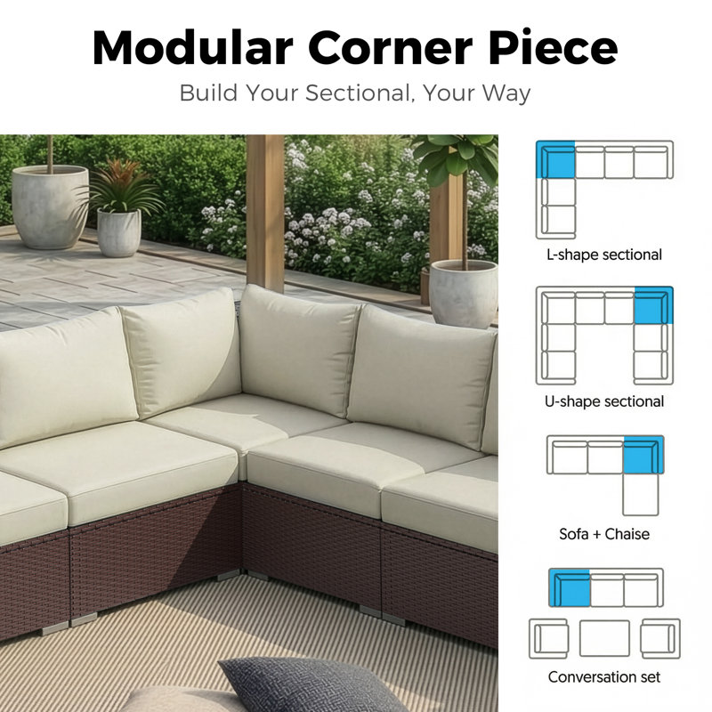 Outdoor Corner Sofa, Beige Cushion/Brown Frame