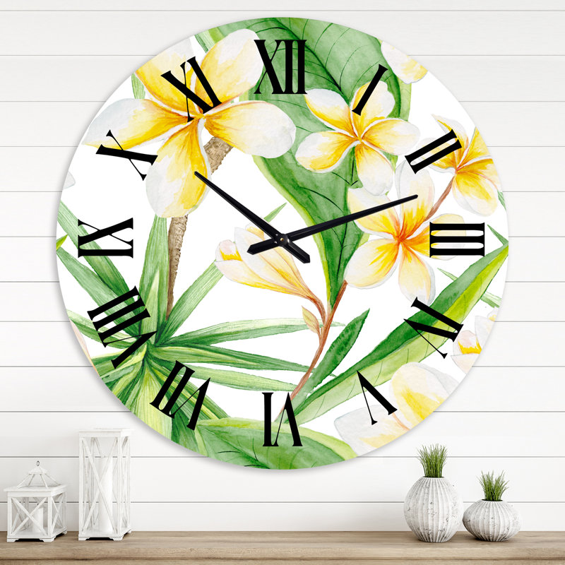 Horloge murale traditionnelle feuillage tropical et fleurs jaunes X, Grand