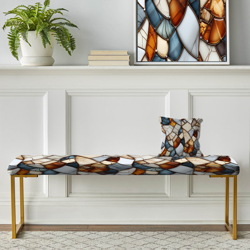 Banc rembourré en marbre bleu sarcelle et orange, Élégance de mosaïque de marbre de tons terreux
