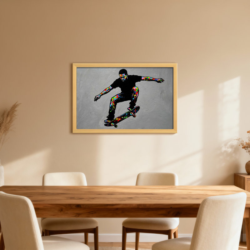 Silhouette colorée de skateur sur fond gris, 20" H x 30" W, Toile tendue, Ne s’applique pas