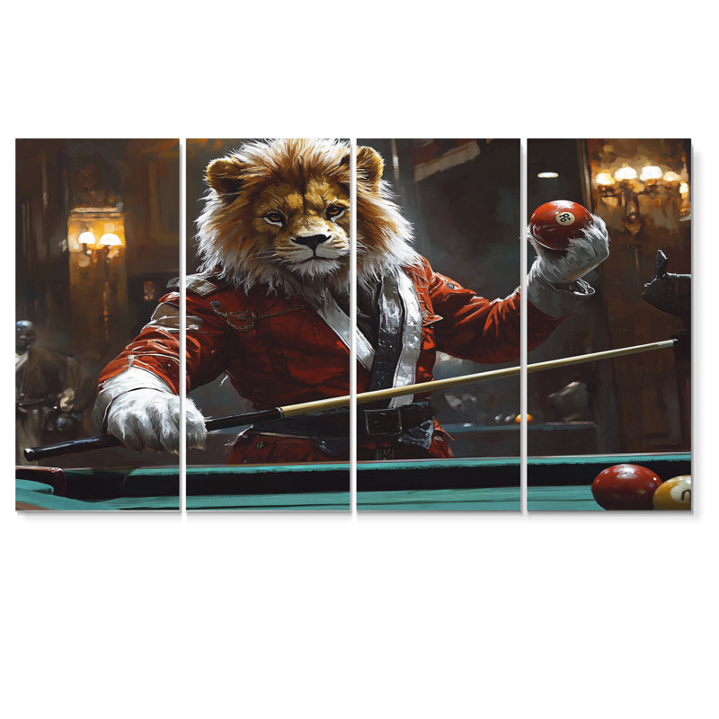 Lion rouge jouant au billard - ensemble de reproductions d'art mural billard, H 32 po x l 64 po