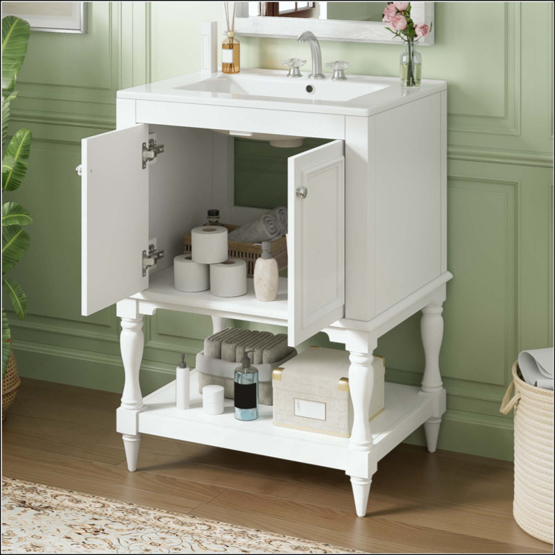 Meuble-lavabo moderne de luxe avec lavabo en céramique, armoire de salle de bain avec tablette ouverte et rangement fermé (robinet non inclus)