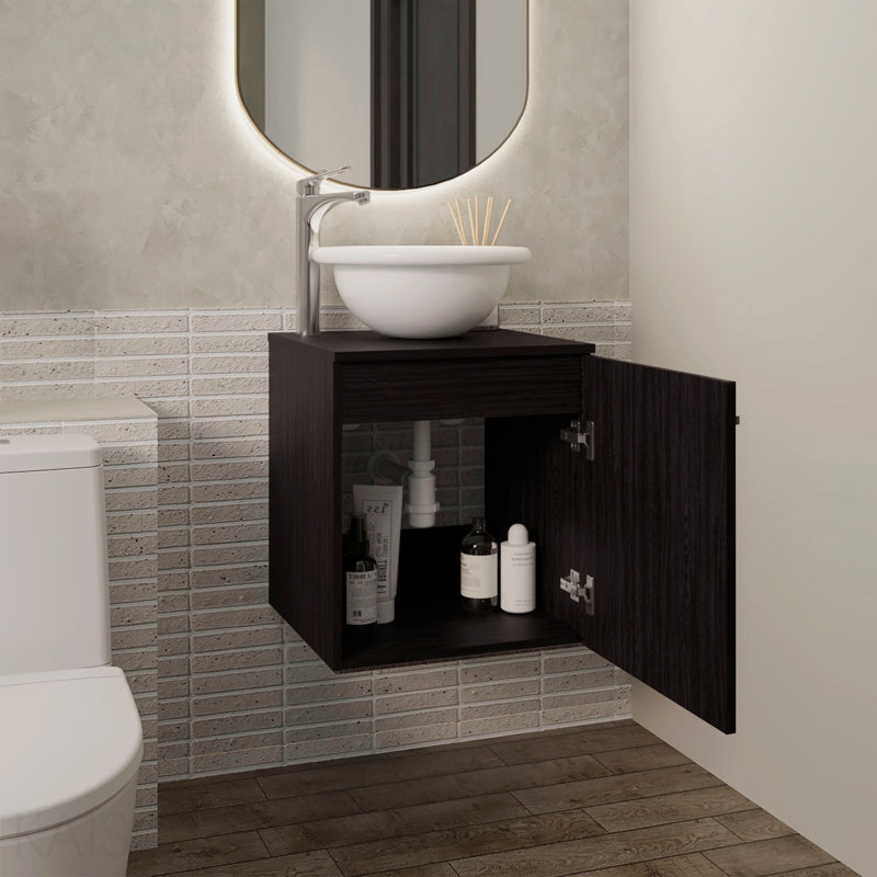 Meuble-lavabo flottant à une porte, avec lavabo vasque et une tablette, rangement de salle de bain, noir, Noir