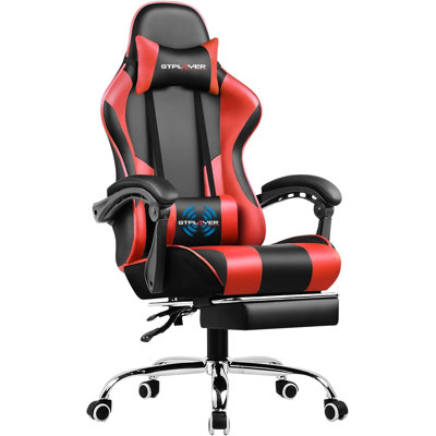 Fauteuil de jeu avec repose-pieds et soutien lombaire GTPLAYER, siège de jeu réglable en hauteur avec siège pivotant à 360 ° et appui-tête et pour le bureau ou les jeux (rouge)