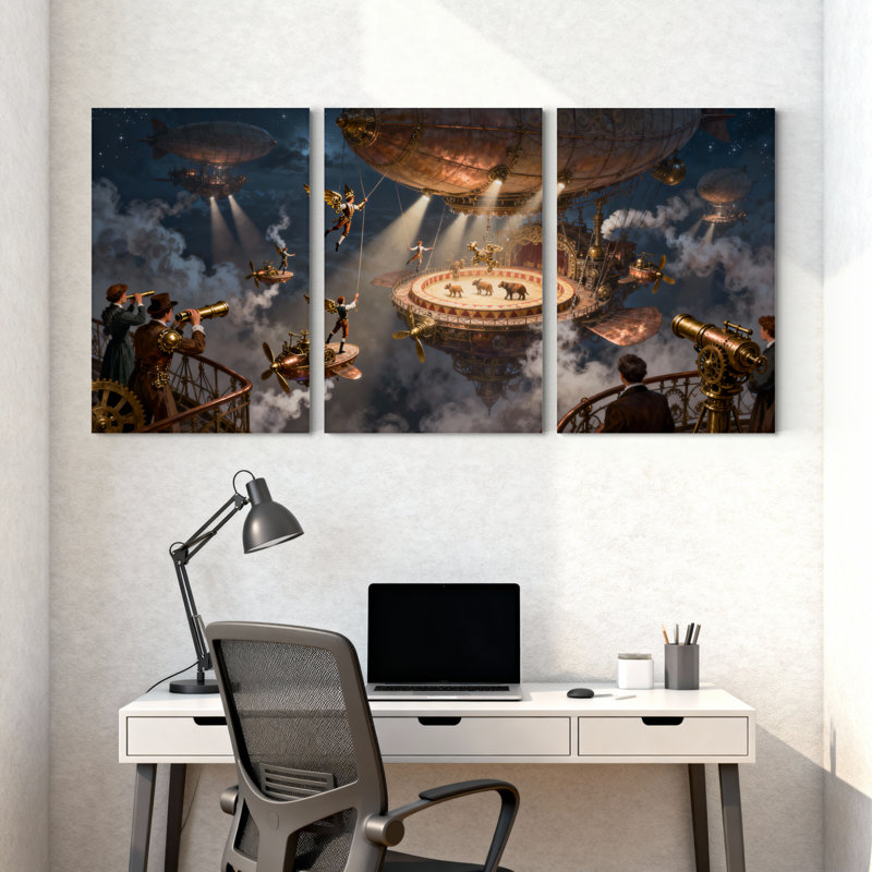 Fantasy & Sci-Fi Steampunk Airhip Circus Sky Adventure, ensemble de 3 impressions sur toile, H 18 po x l 36 po