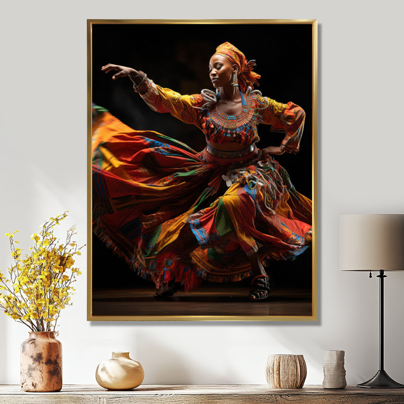 Yume African Tribal Dance V - reproduction sur toile, H 44 po x l 34 po x P 1,5 po, Cadre flottant doré