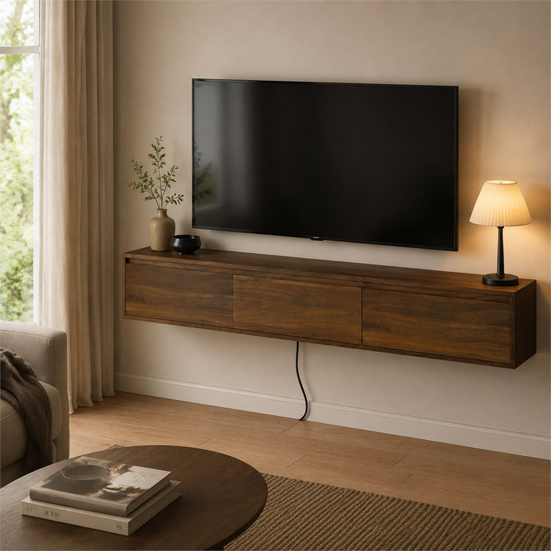 Meuble télé flottant mural en bois de 11,08 po de hauteur équipé de lumières DEL décoratives et de prises de courant, Brun