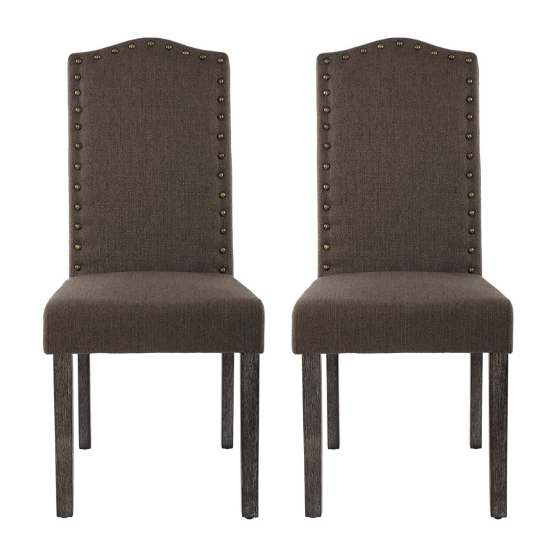 High Back Upholstered Dining Chairs With Nailhead Trim, Taupe Fabric