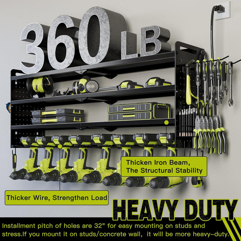 Support mural pour outils électriques avec station de charge, 8 supports de perceuse, support de rangement à 4 niveaux pour l'organisation d'outils de garage