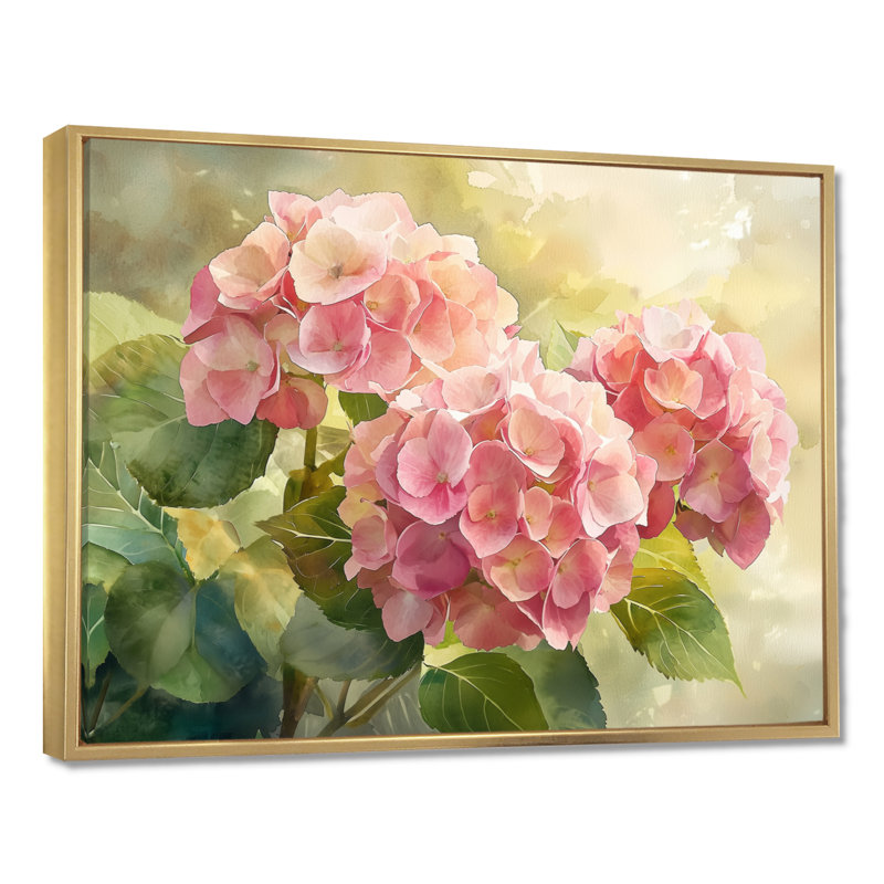 Hortensias dans un jardin d'été I - hydrangées, art mural, H 16 po x l 32 po, Doré