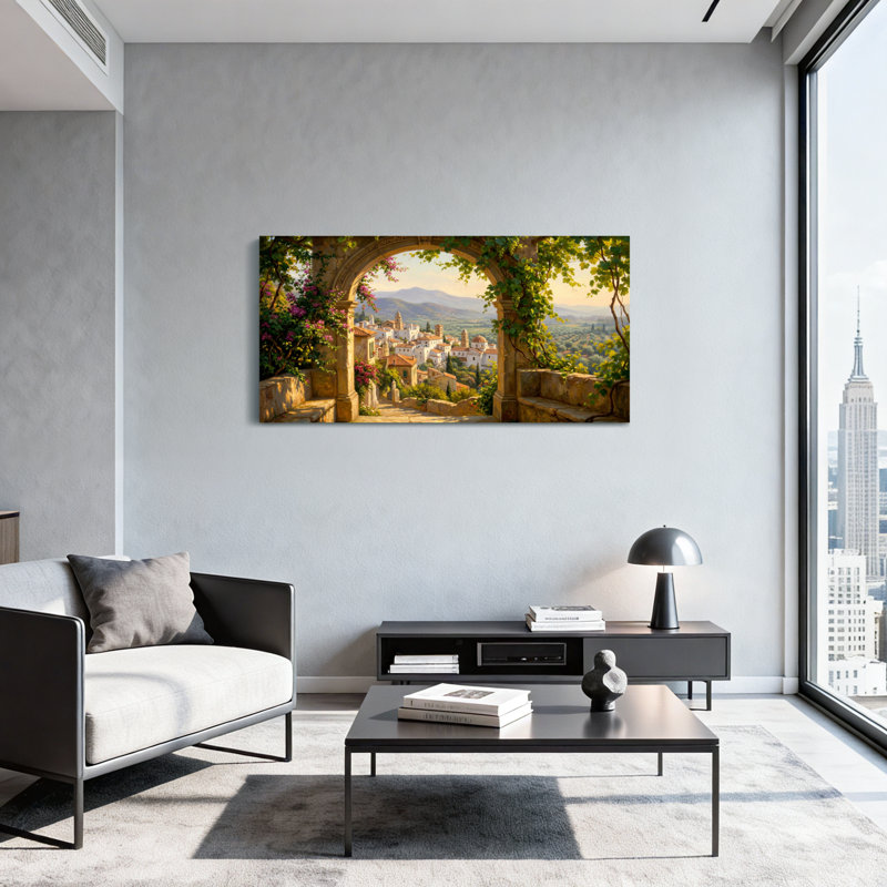 Vue de l'arche du village méditerranéen, H 24 po x l 48 po