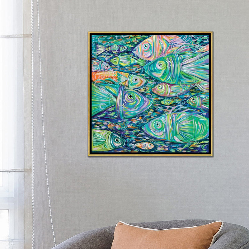 «School of Fish» par Estelle Grengs - impression d'art graphique, H 26 po x l 26 po x P 1,5 po, Toile encadrée d'or
