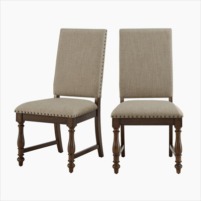 Traditional Classic Brown Dinng Chair Set of 2 Beige Fabric Upholstered Nailhead Trim Wooden Dining Room Furniture