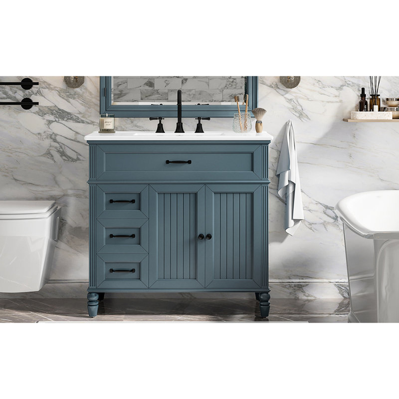 Élégant meuble-lavabo bleu de 36 po avec noyau en bois massif, extérieur, lavabo encastré en céramique, une armoire, deux tiroirs, système de tiroir à glissière et rangement avec base, panneaux, métal encastré
