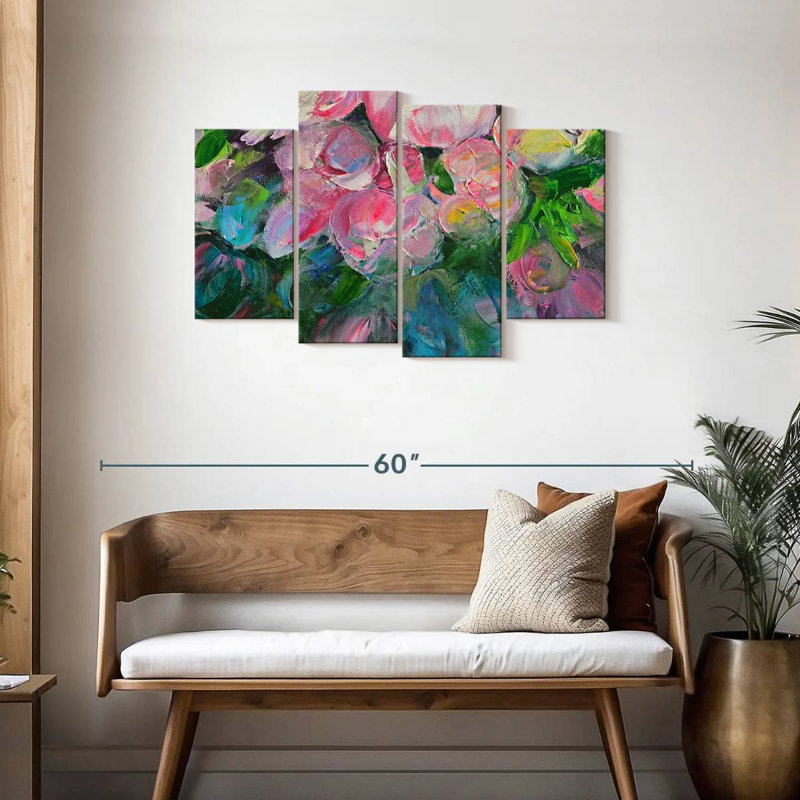 Ensemble de 4 pivoines abstraites sur toile, H 27 po x l 43 po x P 1,25 po