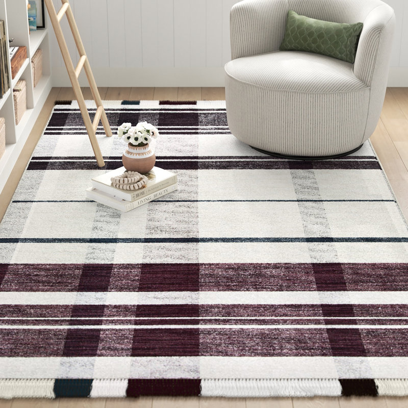 Anjail Flat Weave Wool/Cotton Plaid Rug in Ivory/Brown, Rectangle 4' x 6'