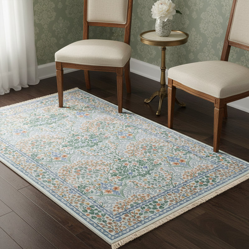 Garden Lattice Light Blue Area Rug, Green
