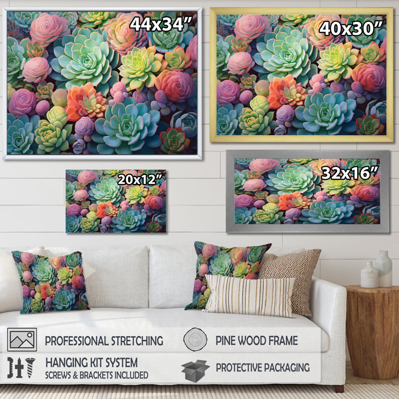 Vert, bleu, plantes grasses, succulentes, rêves II, Cadre flottant doré, H 16 po x l 32 po x P 1 po