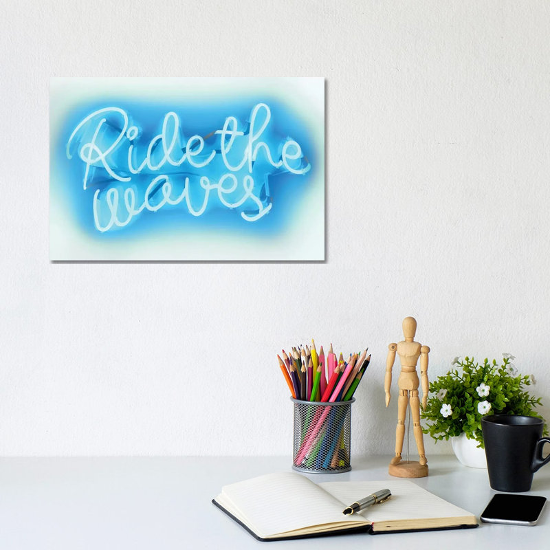 Neon Ride The Waves Aqua On White by Hailey Carr - Wrapped Canvas Print, 20.32 cm H x 30.48 cm W